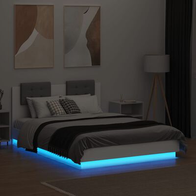 vidaXL Cadru de pat cu tăblie și lumini LED, alb, 135x190 cm