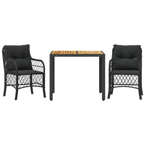 vidaXL Set bistro cu perne, 3 piese, negru, poliratan