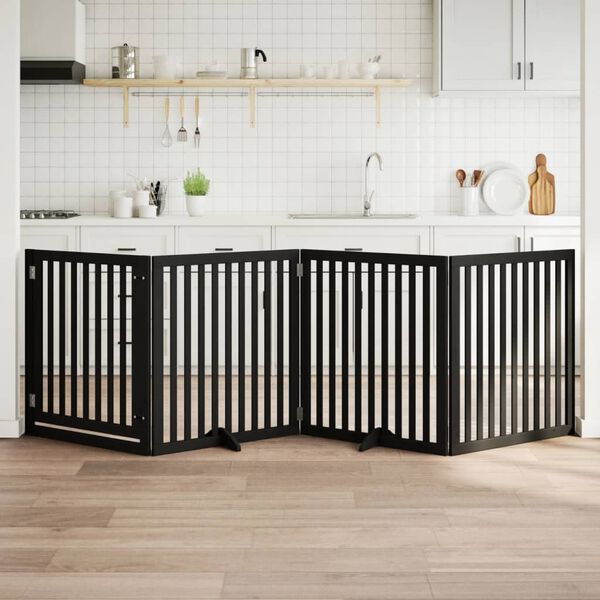 vidaXL Poartă c&acirc;ini pliabilă cu ușă 4 panouri negru, 320 cm, lemn plop