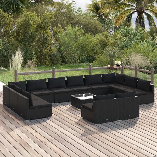 vidaXL Set mobilier de grădină cu perne, 13 piese, negru, poliratan