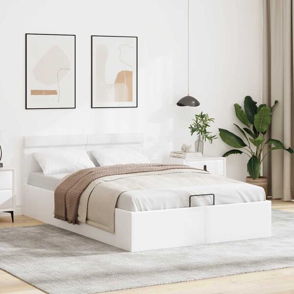 vidaXL Cadru pat hidraulic ladă cu LED alb 140x200 cm piele ecologică