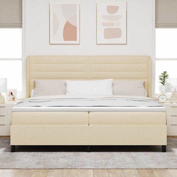 vidaXL Pat cu arcuri cu saltea cu headboard Crem 200 x 200 cm țesătură