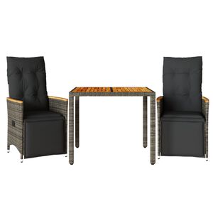vidaXL Set bistro de grădină cu perne, 3 piese, gri, poliratan