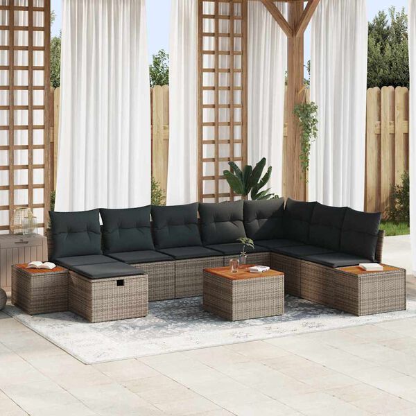vidaXL Set de canapele pentru grădină cu pernă 9 pcs Gri Rattan poli