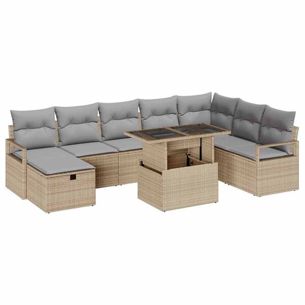 vidaXL Set de canapele pentru grădină cu pernă 9 pcs Bej Rattan poli
