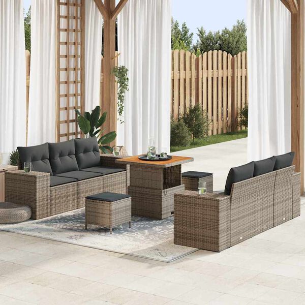 vidaXL Set de canapele pentru grădină cu pernă 9 pcs Gri Poli Rattan