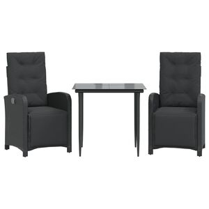 vidaXL Set bistro cu perne, 3 piese, negru, poliratan