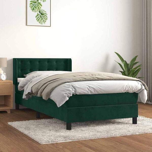 vidaXL Pat box spring cu saltea, verde &icirc;nchis, 90x190 cm, catifea