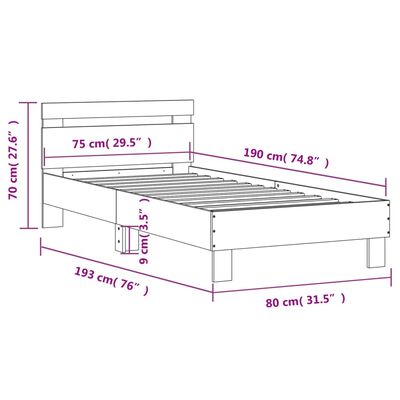 vidaXL Cadru de pat cu tăblie și lumini LED, gri beton, 75x190 cm