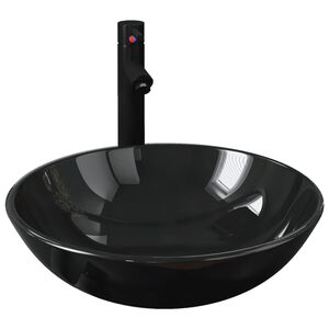 vidaXL Chiuvetă baie robinet și scurgere tip push, negru sticlă călită