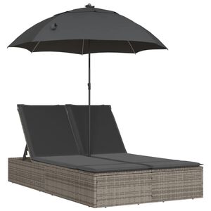 vidaXL Șezlong dublu cu perne/umbrelă de soare, gri, poliratan