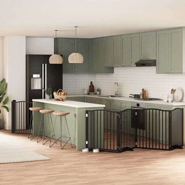 vidaXL Poartă c&acirc;ini pliabilă cu ușă 6 panouri negru, 480 cm, lemn plop