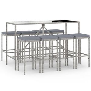 vidaXL Set mobilier bar de grădină, cu perne, 9 piese, gri, poliratan