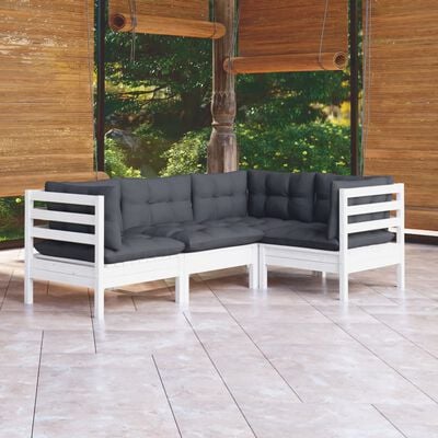 vidaXL Set mobilier grădină cu perne, 4 piese, alb, lemn de pin
