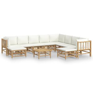 vidaXL Set mobilier de grădină, cu perne alb crem, 11 piese, bambus