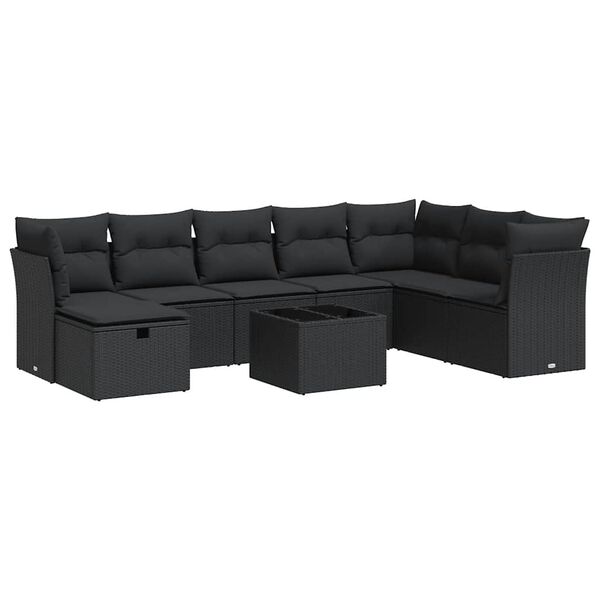 vidaXL Set mobilier de grădină cu perne, 9 piese, negru, poliratan