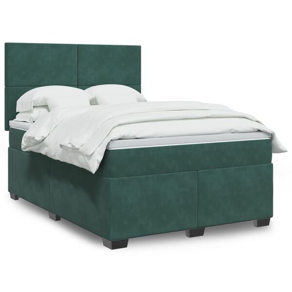 vidaXL Pat box spring cu saltea, verde &icirc;nchis, 140x190 cm, catifea