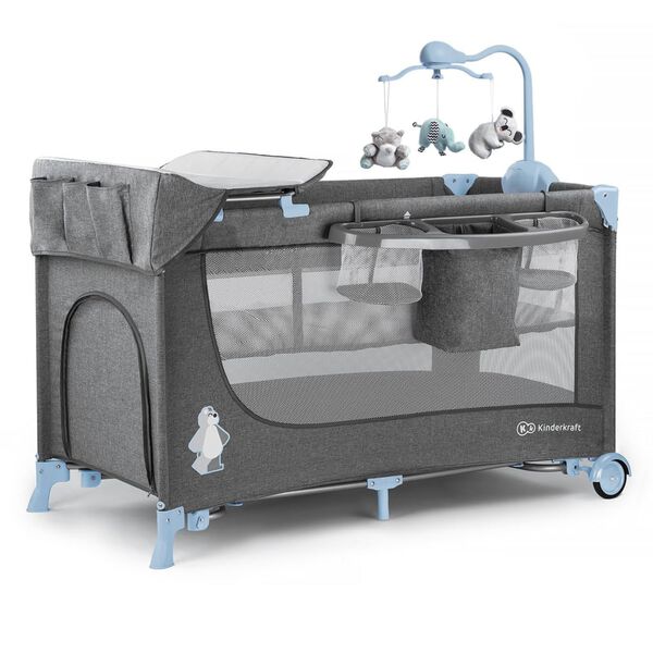 Kinderkraft Pat pliabil pentru bebeluși JOY cu accesorii albastru&gri