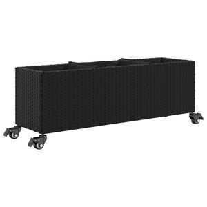 vidaXL Jardinieră grădină roți/3 ghivece, negru 107x32x38 cm poliratan