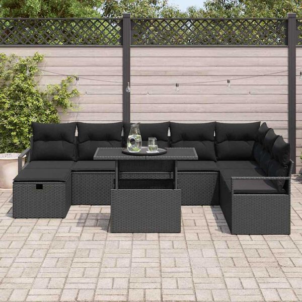 vidaXL Set de canapele pentru grădină cu pernă 9 pcs Negru Rattan poli