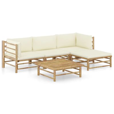 vidaXL Set mobilier de grădină, 5 piese, perne alb crem, bambus