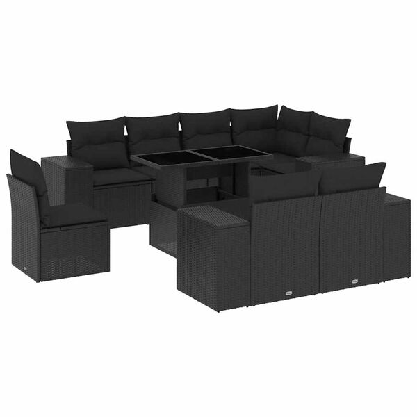 vidaXL Set mobilier de grădină cu perne, 9 piese, negru, poliratan