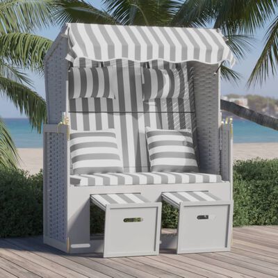 vidaXL Scaun de plajă cu perne,gri&alb, poliratan și lemn masiv