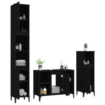 vidaXL Set mobilier de baie, 3 piese, negru, lemn compozit