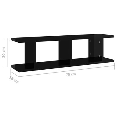 vidaXL Rafturi de perete, 2 buc, negru extralucios, 75x18x20 cm, lemn