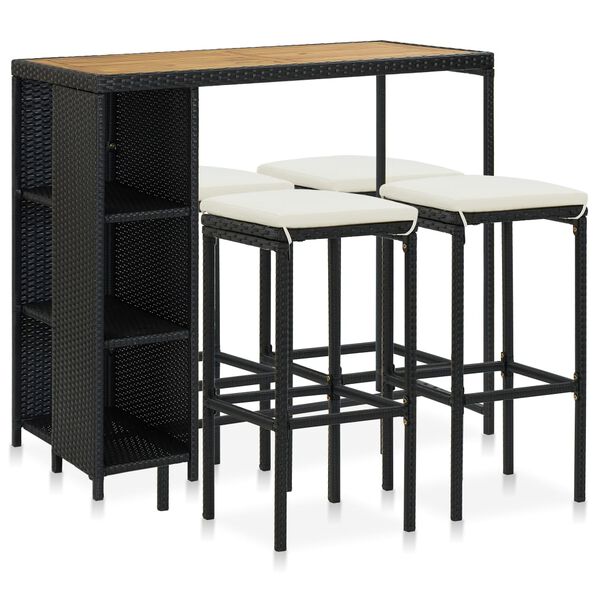 vidaXL Set mobilier bar de grădină cu perne, 5 piese, negru, poliratan