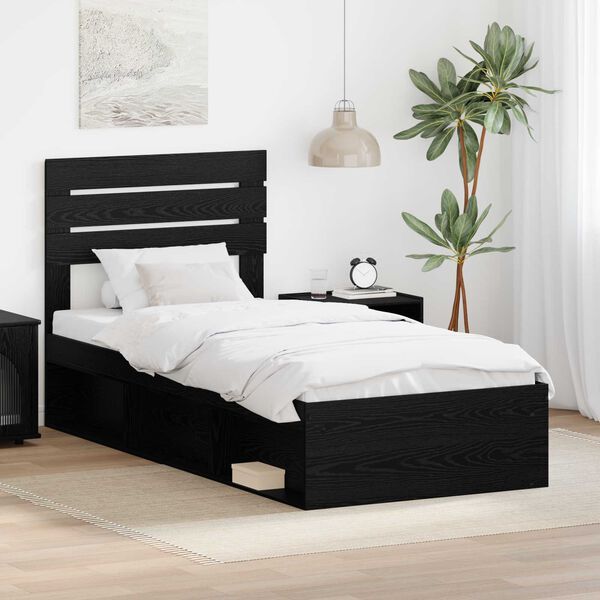vidaXL Cadru de pat cu headboard Negru 90 x 190 cm Lemn de pin masiv