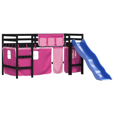 vidaXL Pat etajat de copii cu perdele, roz, 80x200 cm, lemn masiv pin