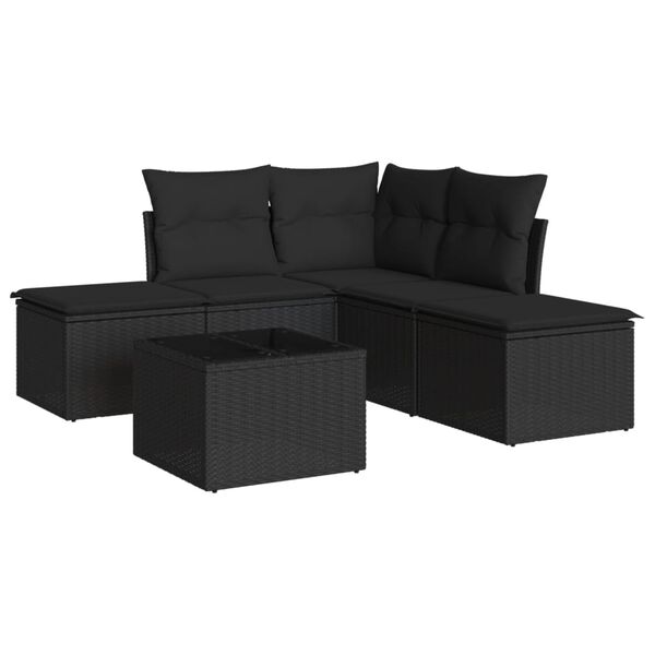 vidaXL Set mobilier de grădină cu perne, 6 piese, negru, poliratan