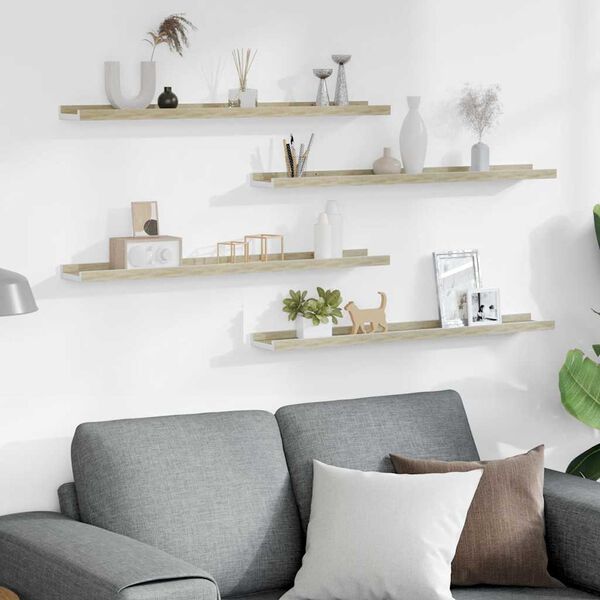 vidaXL Rafturi de perete, 4 buc., alb și stejar sonoma, 80x9x3 cm