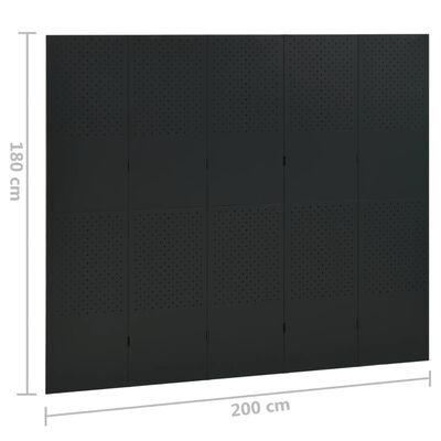 vidaXL Paravan de cameră cu 5 panouri, negru, 200x180 cm, oțel