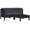 vidaXL Set mobilier grădină cu perne, 3 piese, negru, lemn masiv pin