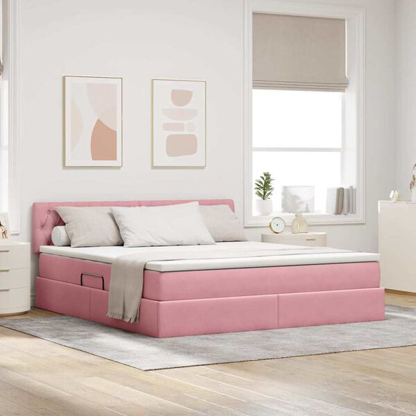 vidaXL Pat cu storage cu saltea cu headboard Roz 180 x 200 cm Catifea