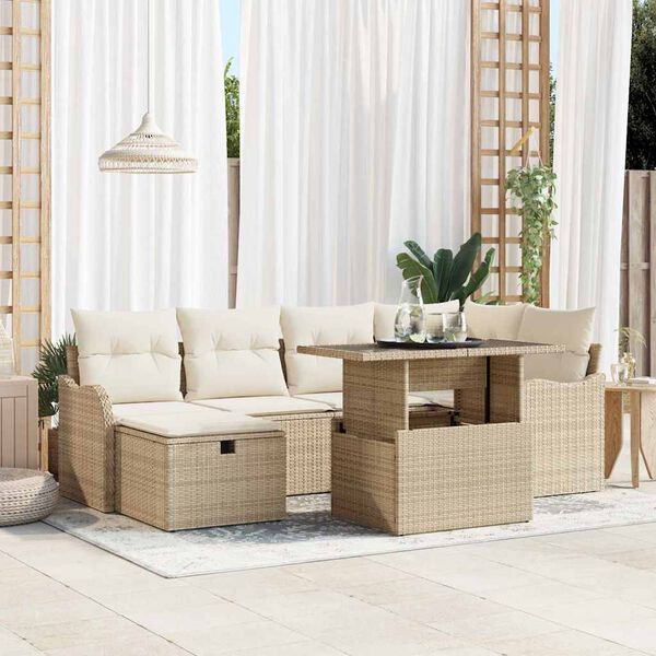 vidaXL Set de canapele pentru grădină cu pernă 7 pcs Bej Rattan poli