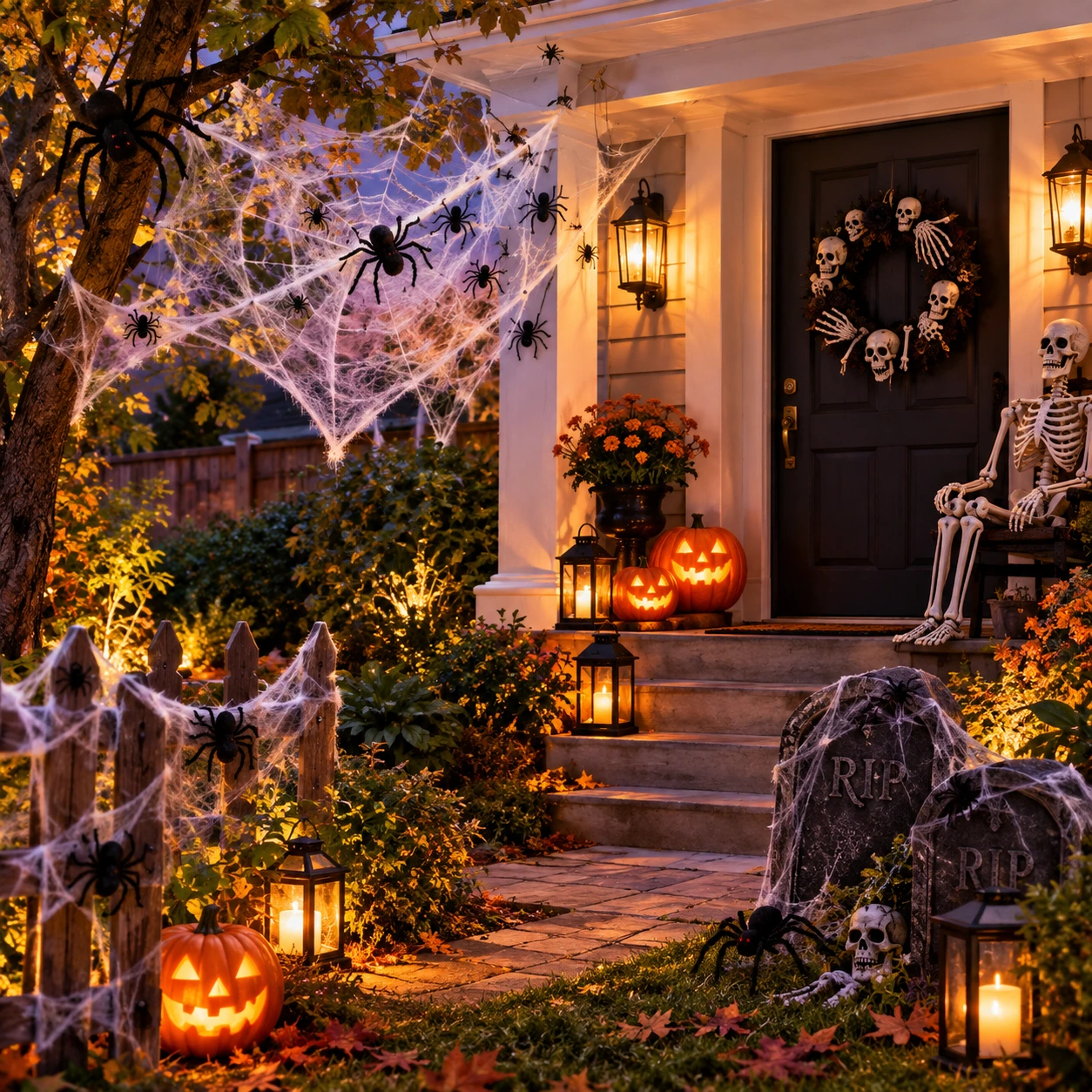 Verandă și grădină de Halloween cu pânze de păianjen, păianjeni și un schelet
