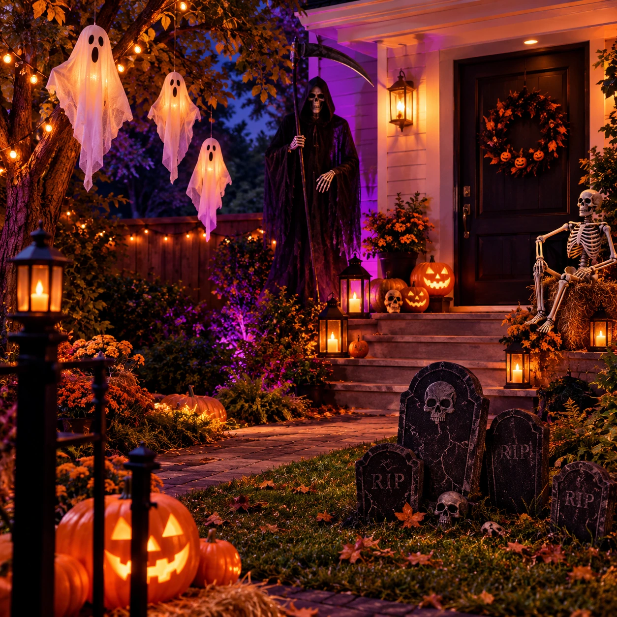Grădină de Halloween cu fantome suspendate și o figură a Morții cu coasă