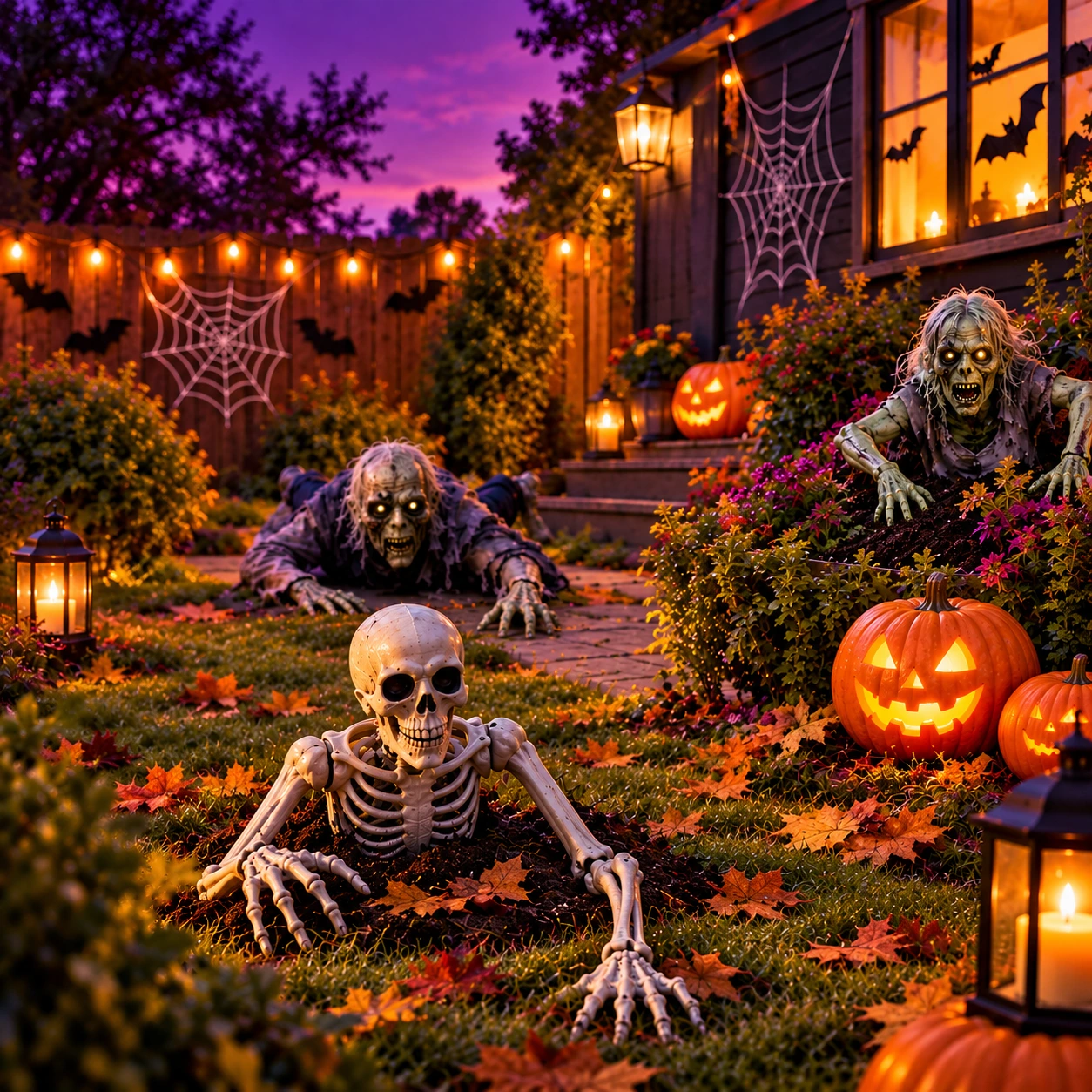 Grădină de Halloween cu un schelet, zombi și dovleci luminoși