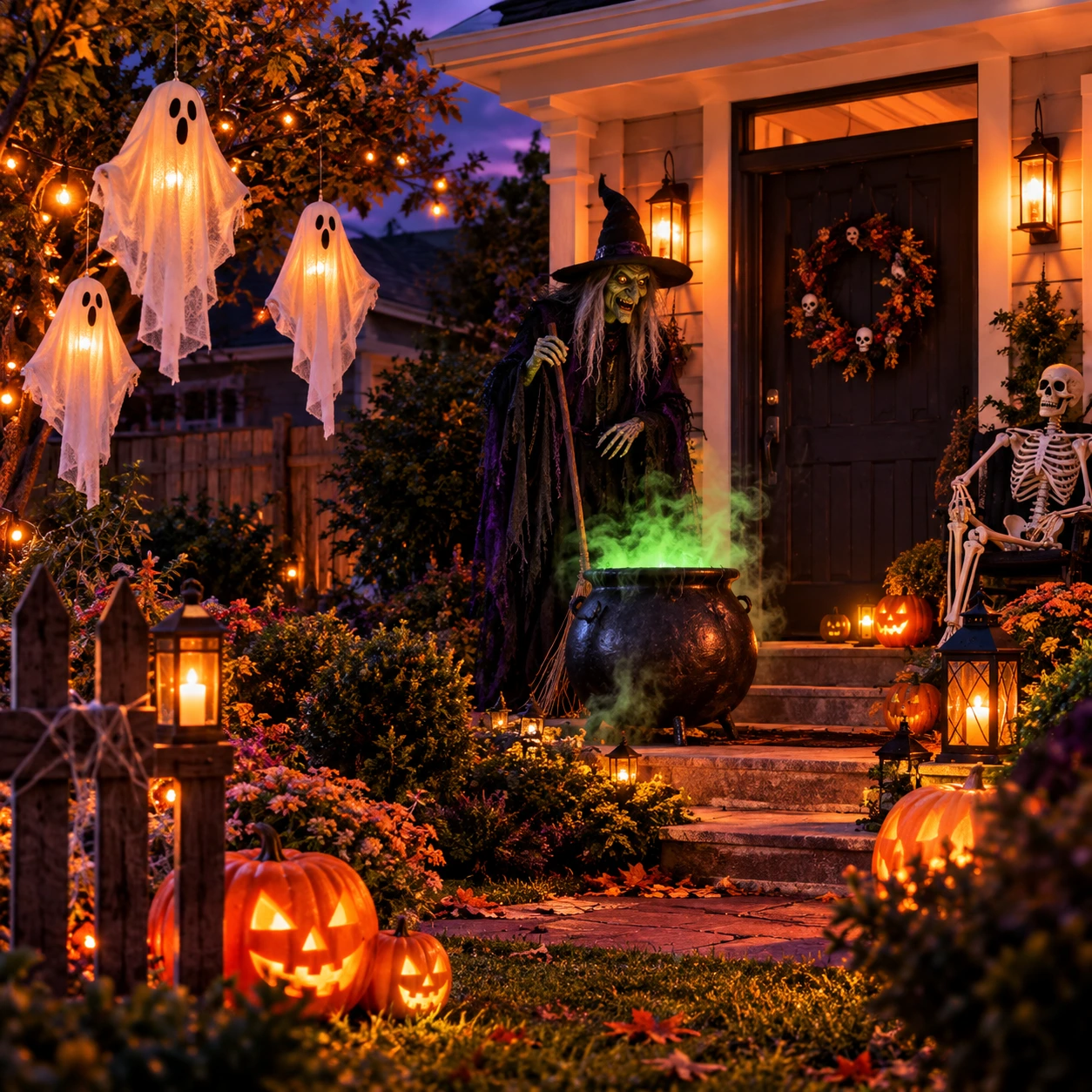 Verandă de Halloween cu o vrăjitoare, fantome și dovleci luminoși