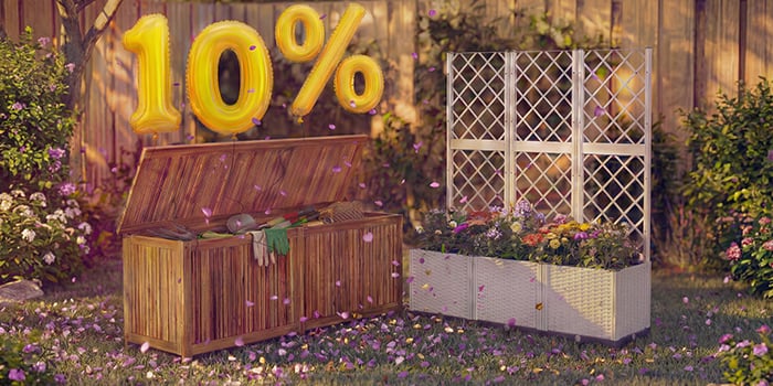  Cutie de depozitare pentru grădină cu unelte și o jardinieră cu spalier și flori într-un decor de curte, înconjurate de confetti roz și baloane aurii „10% reducere”, evidențiind o vânzare sezonieră de spații de depozitare pentru grădină și jardiniere.