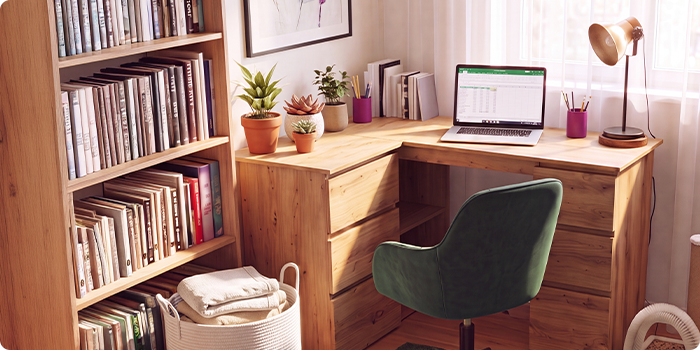 Spațiu de lucru acasă, cu birou de colț din lemn, scaun de birou ergonomic verde, laptop, bibliotecă, lampă de birou și plante de interior, care creează un mediu confortabil și productiv pentru munca de acasă.