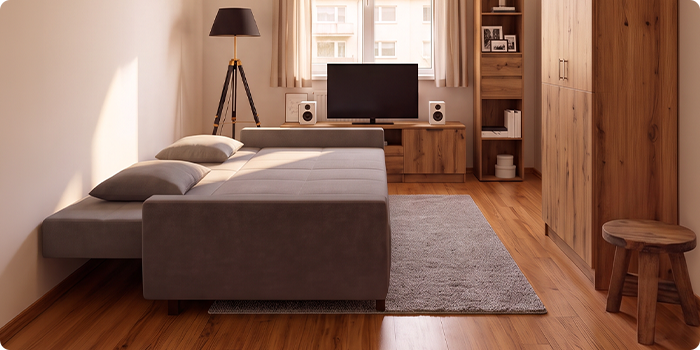 Canapea extensibilă gri, prezentată atât ca canapea, cât și ca pat complet desfăcut, într-un interior modern de apartament.