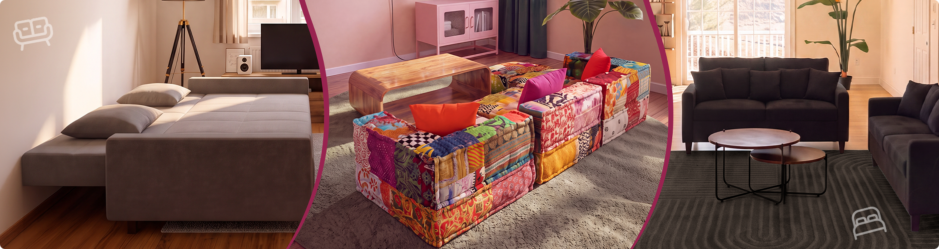 Colaj cu trei stiluri de canapele: un living modern cu canapele închise la culoare, o canapea modulară patchwork colorată în jurul unei măsuțe de cafea și o canapea extensibilă gri, complet desfăcută. Dă clic pentru a vedea colecția de canapele.