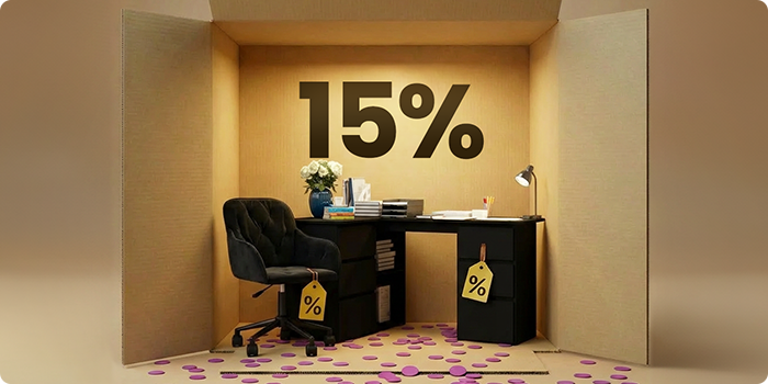 Mobilier pentru birou de acasă cu birou negru, dulap cu sertare negru și scaun de birou negru, prezentate într-un decor tip cutie, cu reducere de 15% la mobilierul de birou