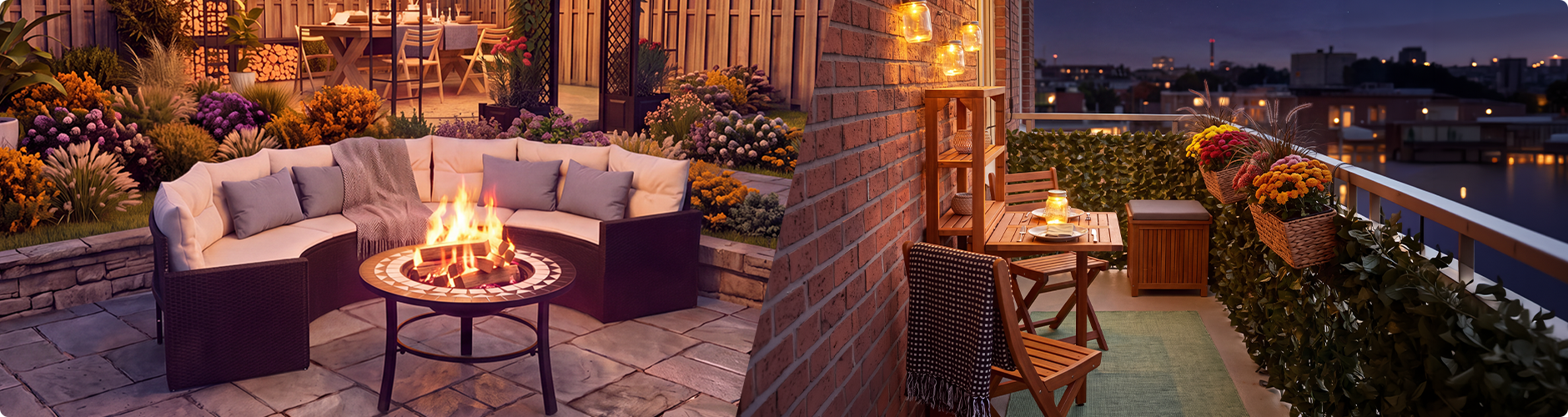  Spații de relaxare în aer liber la amurg, cu un set lounge de grădină cu vatră de foc și, pe o parte, un pavilion plin cu flori, iar pe cealaltă parte un balcon decorat cu mobilier din lemn, lumini de la felinare și flori în ghiveci, cu vedere spre orizontul orașului.