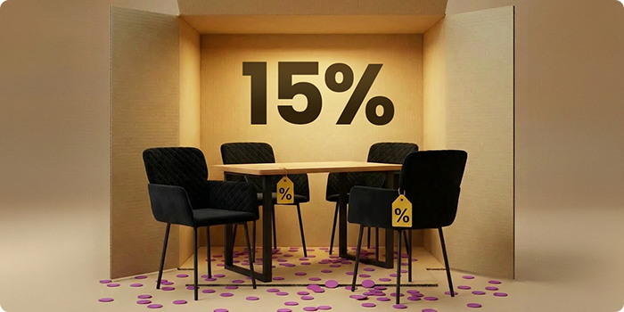Masă de dining cu scaune tapițate negre, prezentate într-un decor tip cutie, cu reducere de 15% la mobilierul de dining