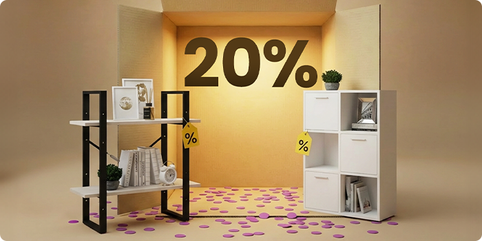  Mobilier de depozitare minimalist din metal negru și lemn deschis cu cuburi albe, prezentat într-un decor tip cutie, cu reducere de 20% la mobilierul de depozitare.